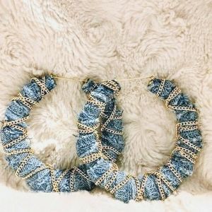 Denim wrapped earrings with gold chain